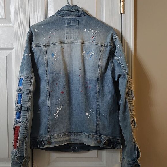 Cooper Rivet distressed denim paint splash jean multi media jacket Sz S - Picture 10 of 11